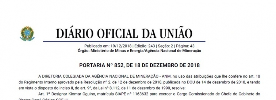 Publicada Portaria de nomeação e designação de funcionários para a ANM