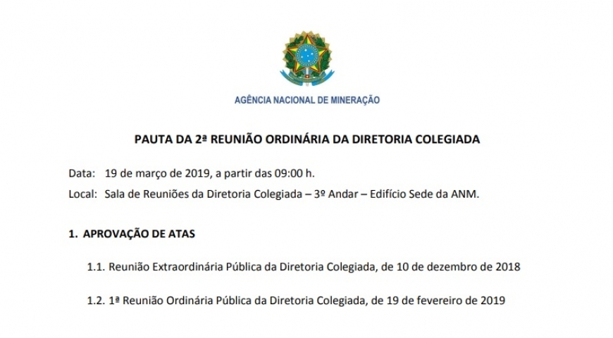 Publicada a pauta da 2ª Reunião Ordinária da Diretoria Colegiada da Agência Nacional de Mineração (ANM)