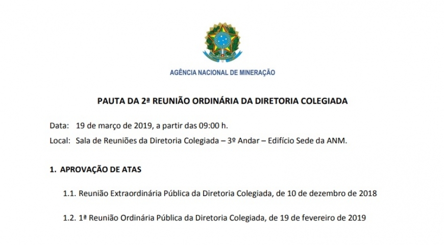 Publicada a pauta da 2ª Reunião Ordinária da Diretoria Colegiada da Agência  Nacional de Mineração (ANM)