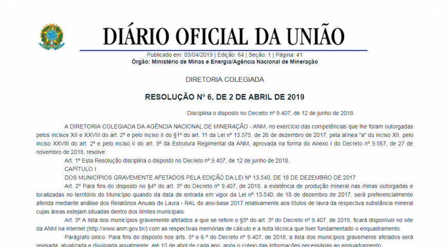 Resolução 6 da ANM disciplina e estabelece regras sobre a distribuição da CFEM a municípios afetados pela atividade minerária