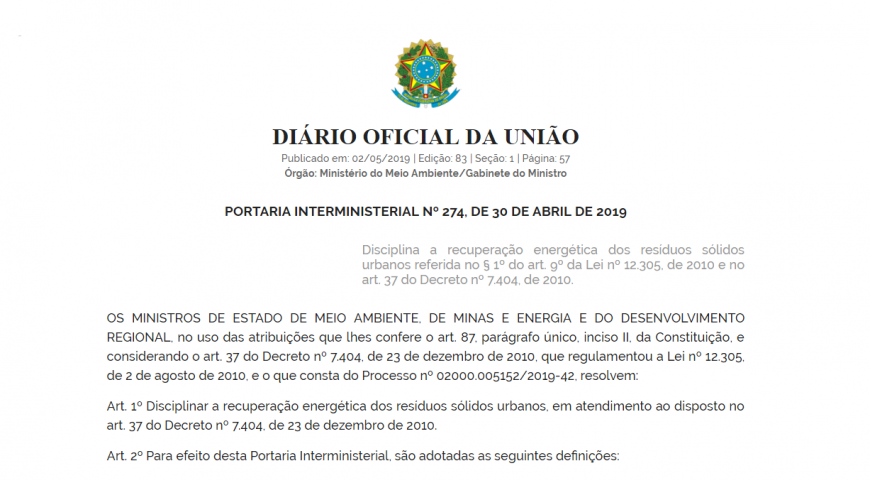 Regulamentada a recuperação energética dos resíduos sólidos urbanos