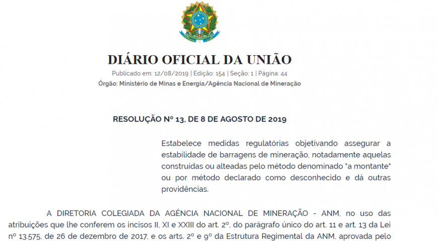 Publicada nova Resolução sobre estabilidade de barragens de mineração