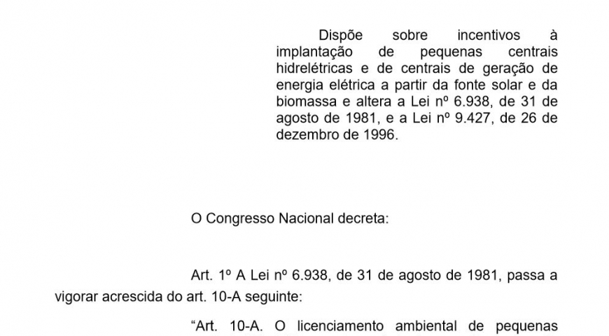 Projeto de lei propõe licenciamento ambiental simplificado para PCHs