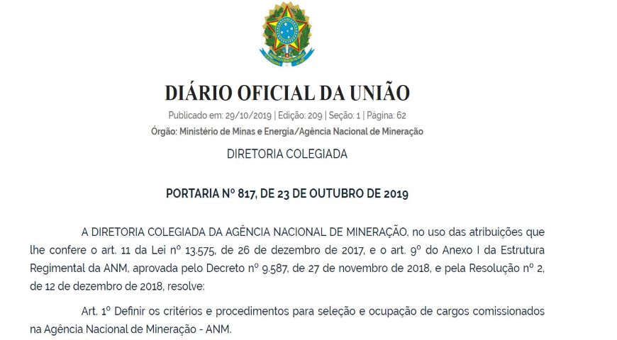 ANM publica Portaria que dispõe sobre ocupação de cargos