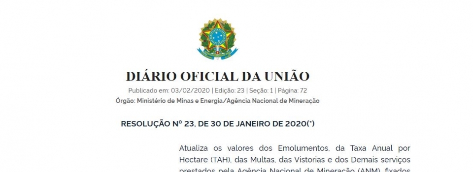 Resolução atualiza valores de emolumentos de serviços prestados pela ANM