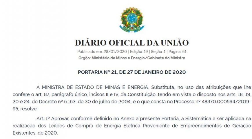 MME publica Portaria que apresenta a Sistemática que será aplicada na realização dos Leilões em 2020