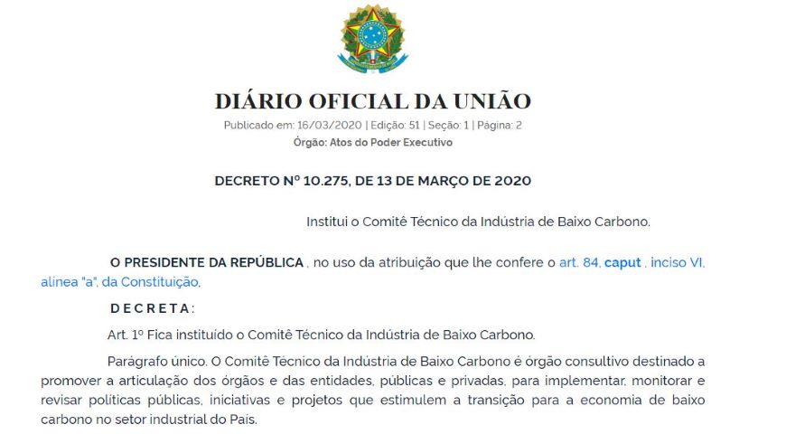 Decreto institui o Comitê Técnico da Indústria de Baixo Carbono