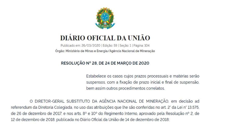 ANM publica Resolução referente a suspensão de prazos